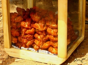 fried turkey tails in glass-sided box